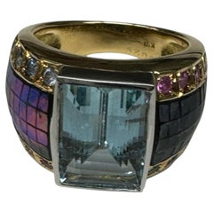 Platinum & 18K Gold 5.05 Carat Aquamarine, Sapphire & Mother-of-Pearl Statement