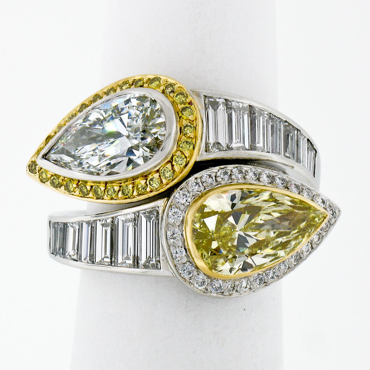 Platinum 18k Gold 6.07ctw GIA Pear Fancy Yellow Diamond Bypass Moi et Toi Ring 4
