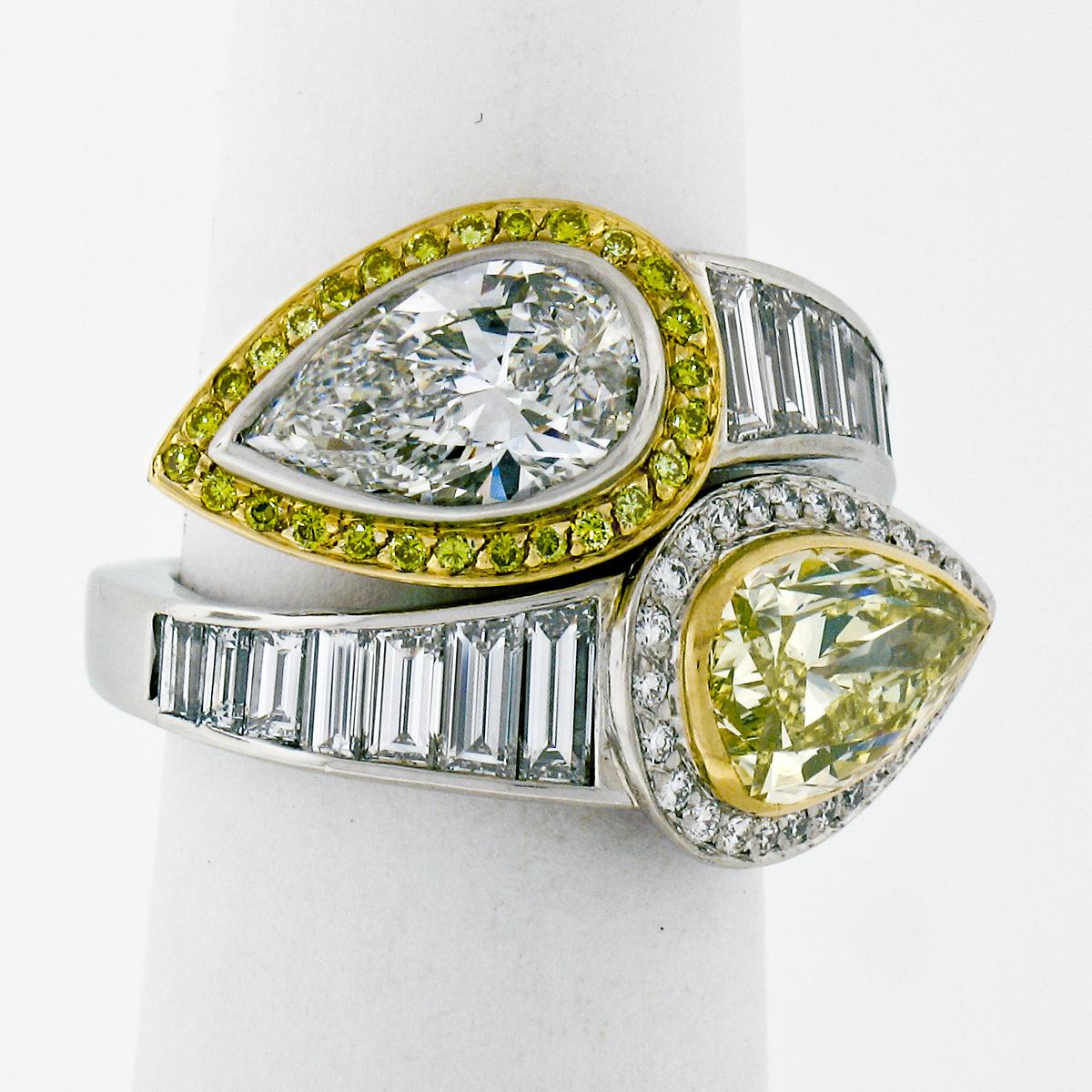 Bague Moi et Toi en or 18k platine 6.07ctw GIA Pear Fancy Yellow Diamond Bypass en vente 5
