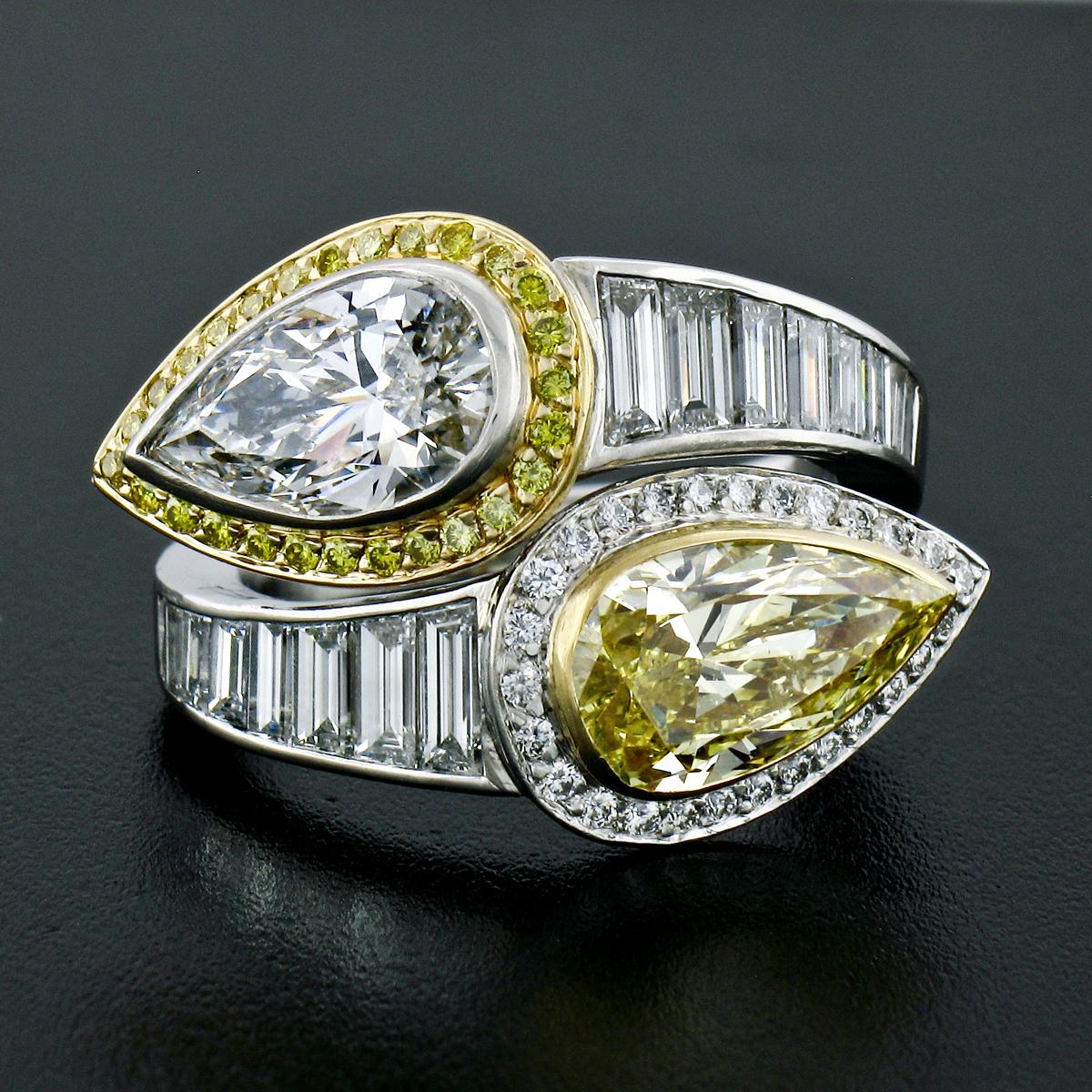 Moderne Bague Moi et Toi en or 18k platine 6.07ctw GIA Pear Fancy Yellow Diamond Bypass en vente
