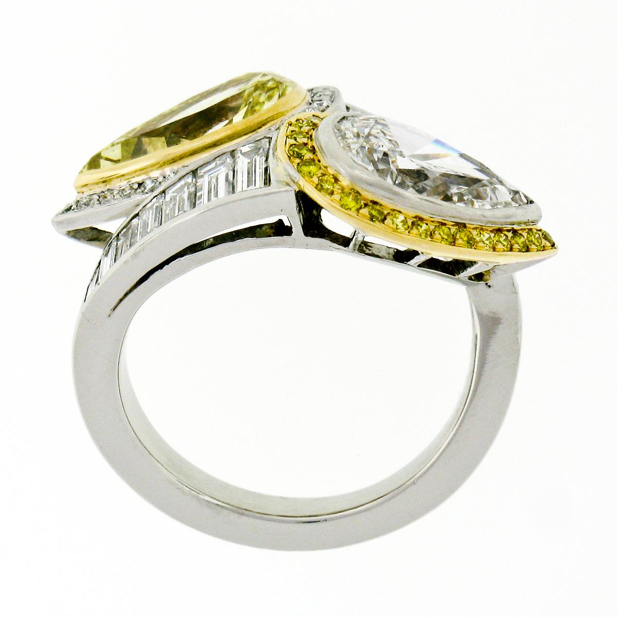 Platinum 18k Gold 6.07ctw GIA Pear Fancy Yellow Diamond Bypass Moi et Toi Ring In Excellent Condition In Montclair, NJ
