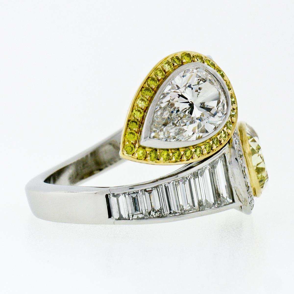 Bague Moi et Toi en or 18k platine 6.07ctw GIA Pear Fancy Yellow Diamond Bypass en vente 3