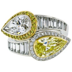 Platinum 18k Gold 6.07ctw GIA Pear Fancy Yellow Diamond Bypass Moi et Toi Ring