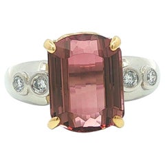 Platinum & 18k Gold 6.7ctw GIA Orangy Pink Tourmaline w/ Diamond Sides Ring