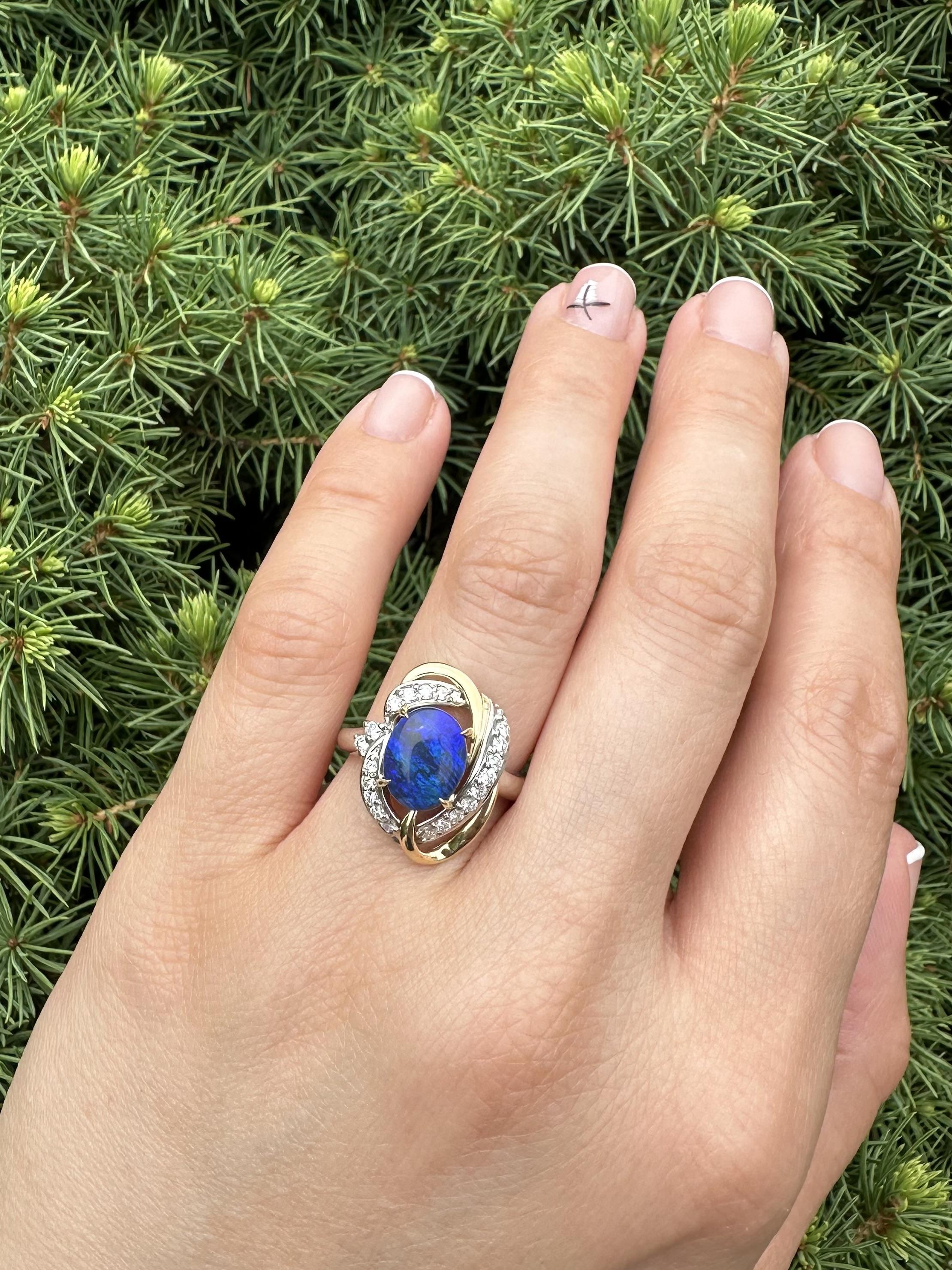 Platinum & 18k Gold Cabochon Black Opal w/ Diamond Open Interlocking Knot Ring For Sale 6