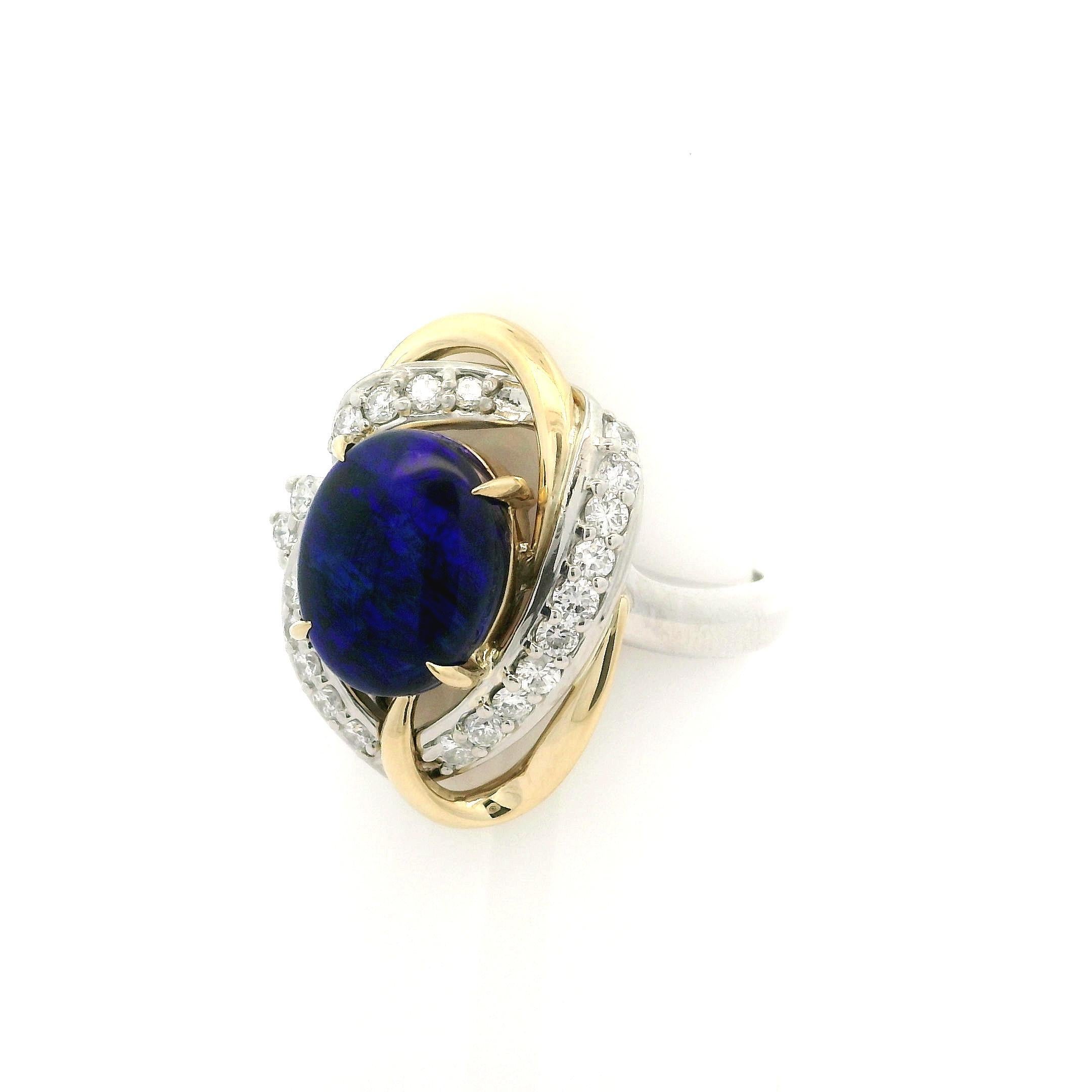Platinum & 18k Gold Cabochon Black Opal w/ Diamond Open Interlocking Knot Ring For Sale 7