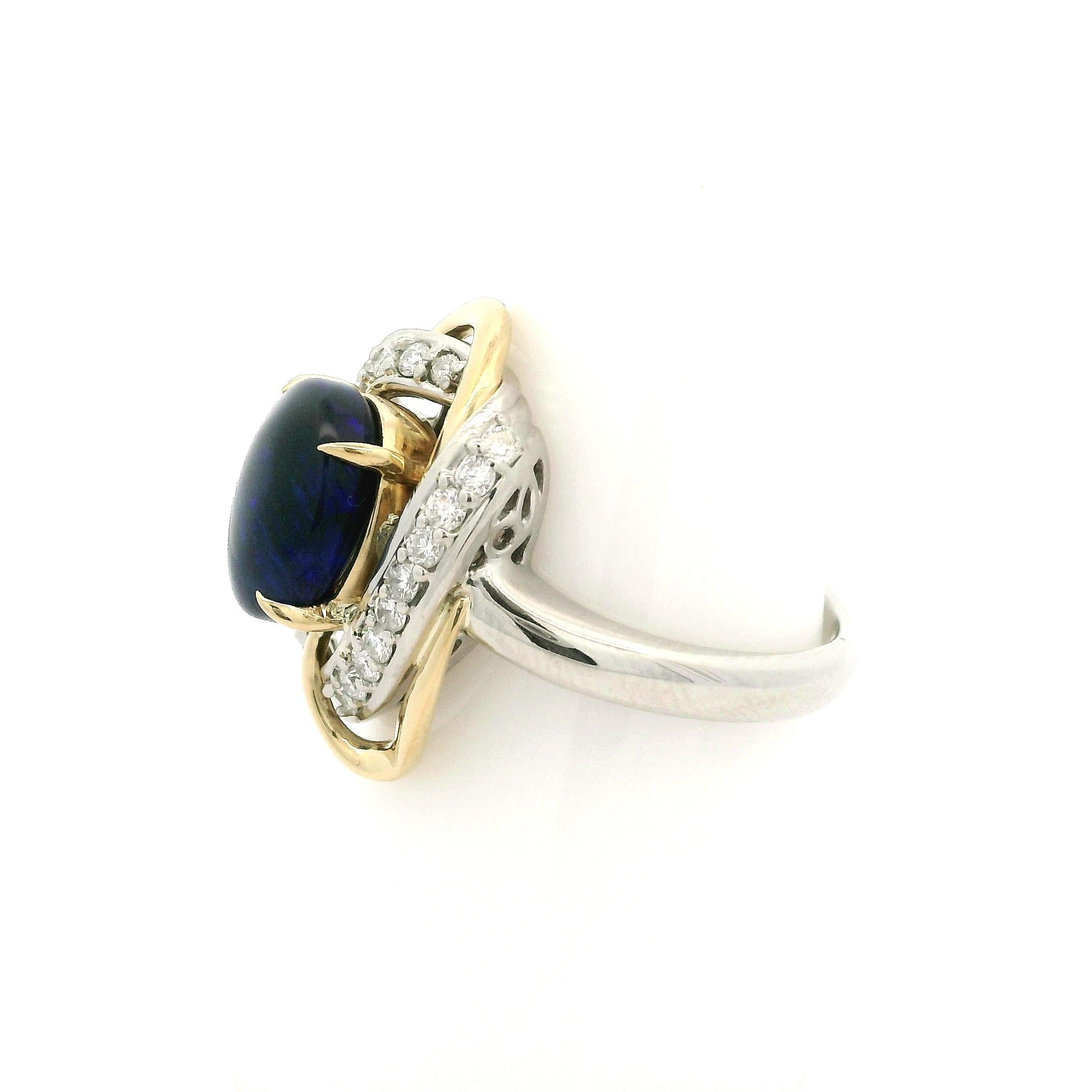 Platinum & 18k Gold Cabochon Black Opal w/ Diamond Open Interlocking Knot Ring For Sale 8