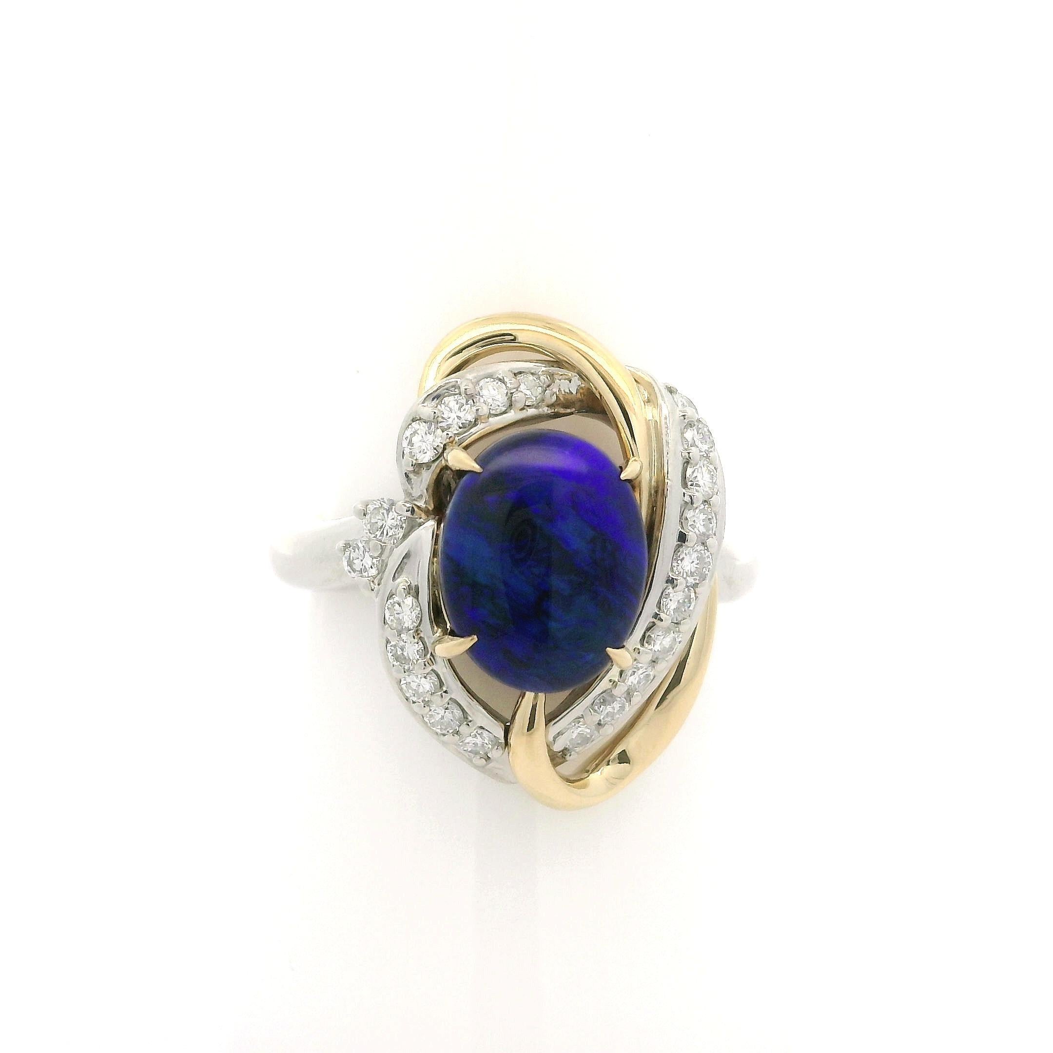 Platinum & 18k Gold Cabochon Black Opal w/ Diamond Open Interlocking Knot Ring For Sale 9