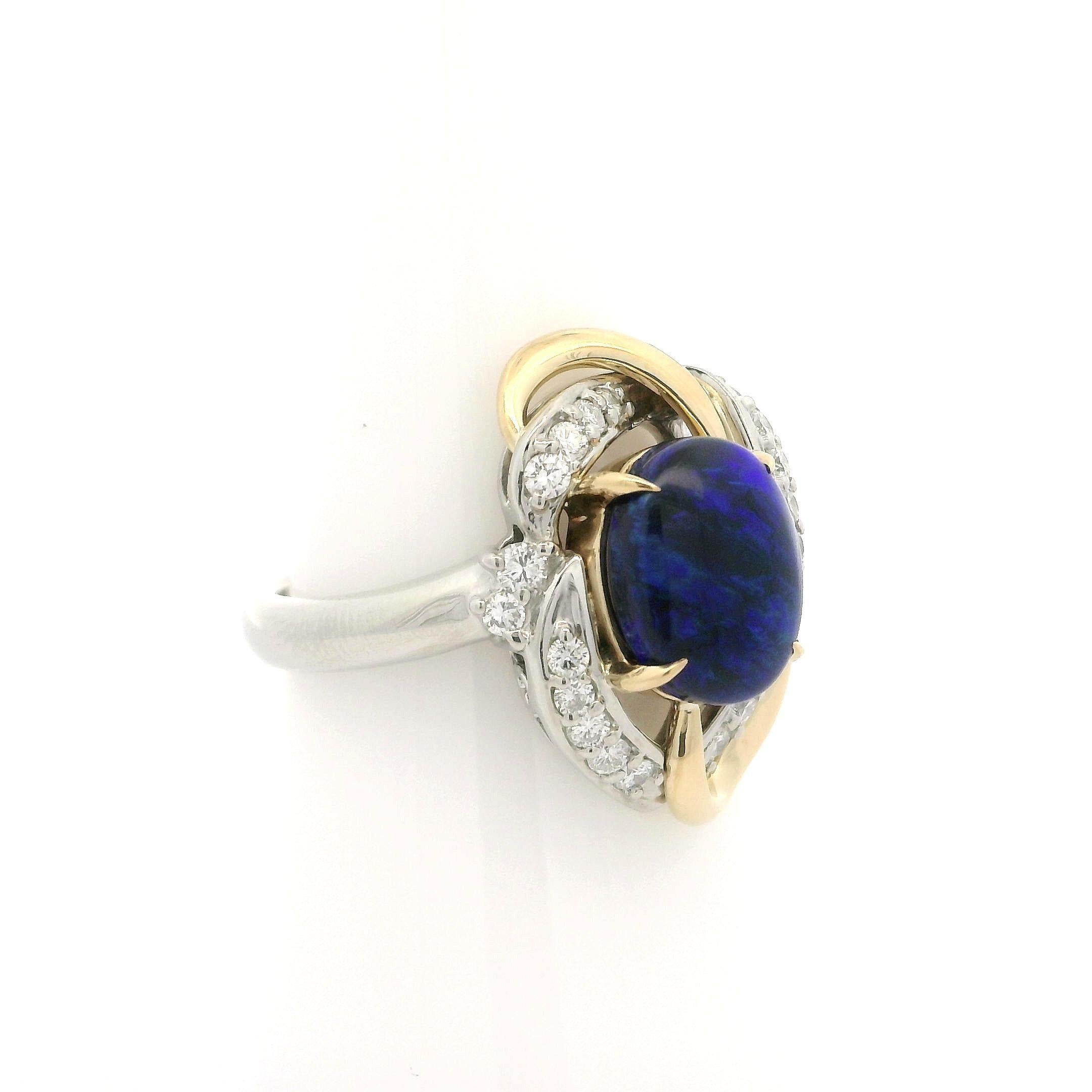 Platinum & 18k Gold Cabochon Black Opal w/ Diamond Open Interlocking Knot Ring For Sale 10