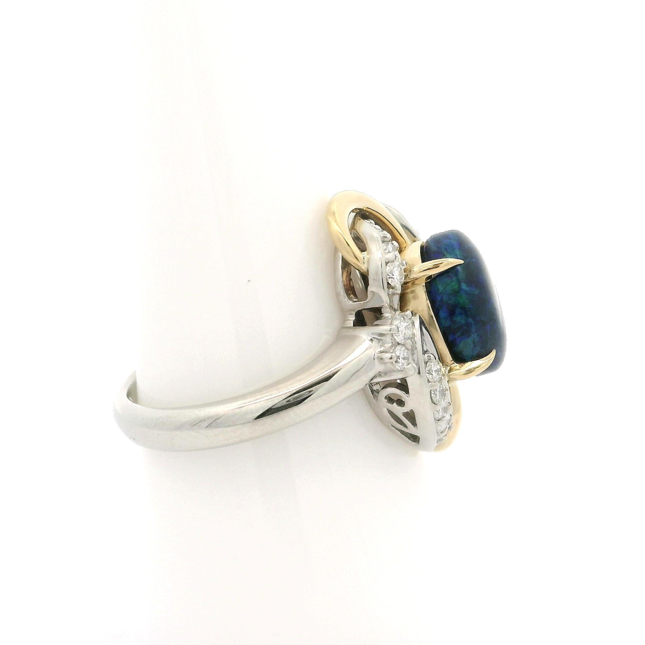 Platinum & 18k Gold Cabochon Black Opal w/ Diamond Open Interlocking Knot Ring For Sale 11