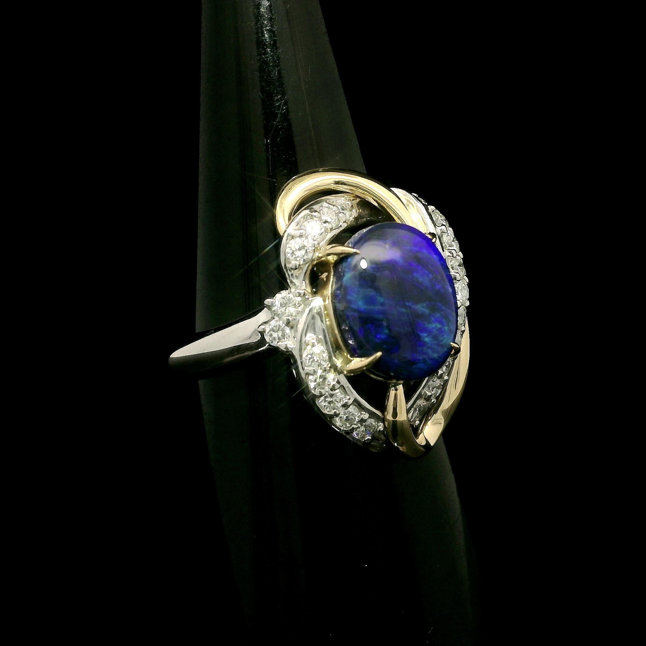 Platinum & 18k Gold Cabochon Black Opal w/ Diamond Open Interlocking Knot Ring In Excellent Condition For Sale In Montclair, NJ