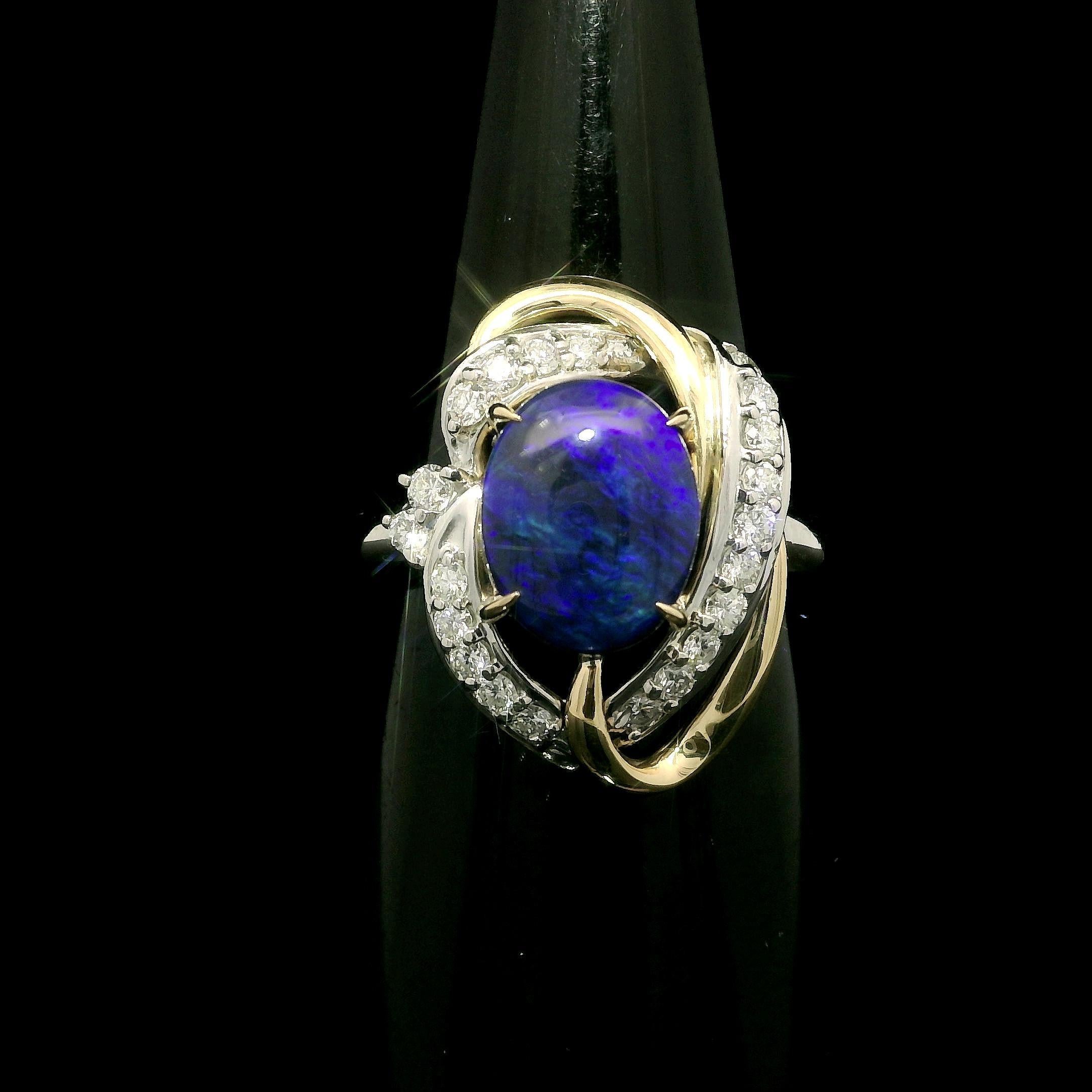 Women's Platinum & 18k Gold Cabochon Black Opal w/ Diamond Open Interlocking Knot Ring For Sale