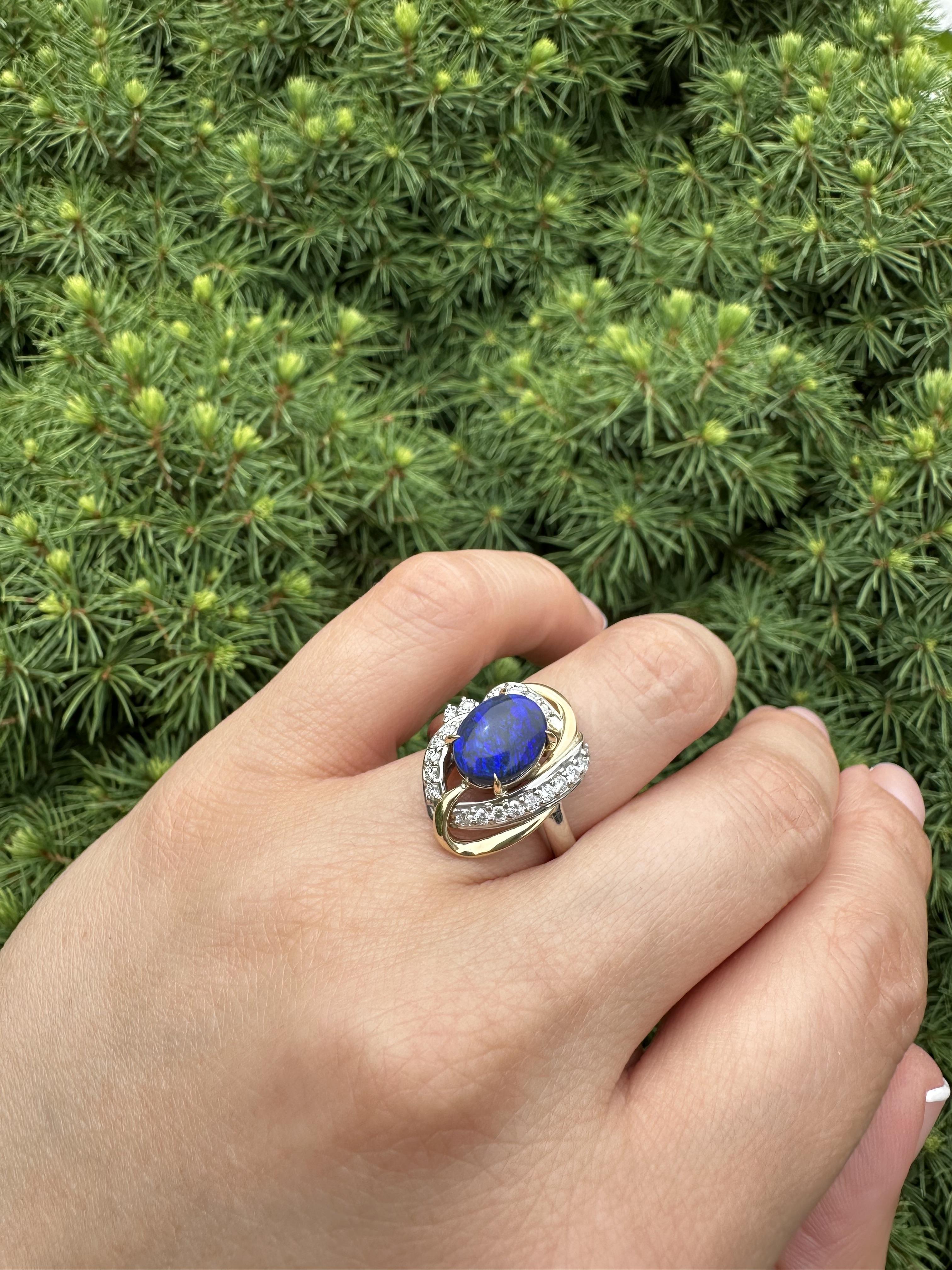 Platinum & 18k Gold Cabochon Black Opal w/ Diamond Open Interlocking Knot Ring For Sale 1