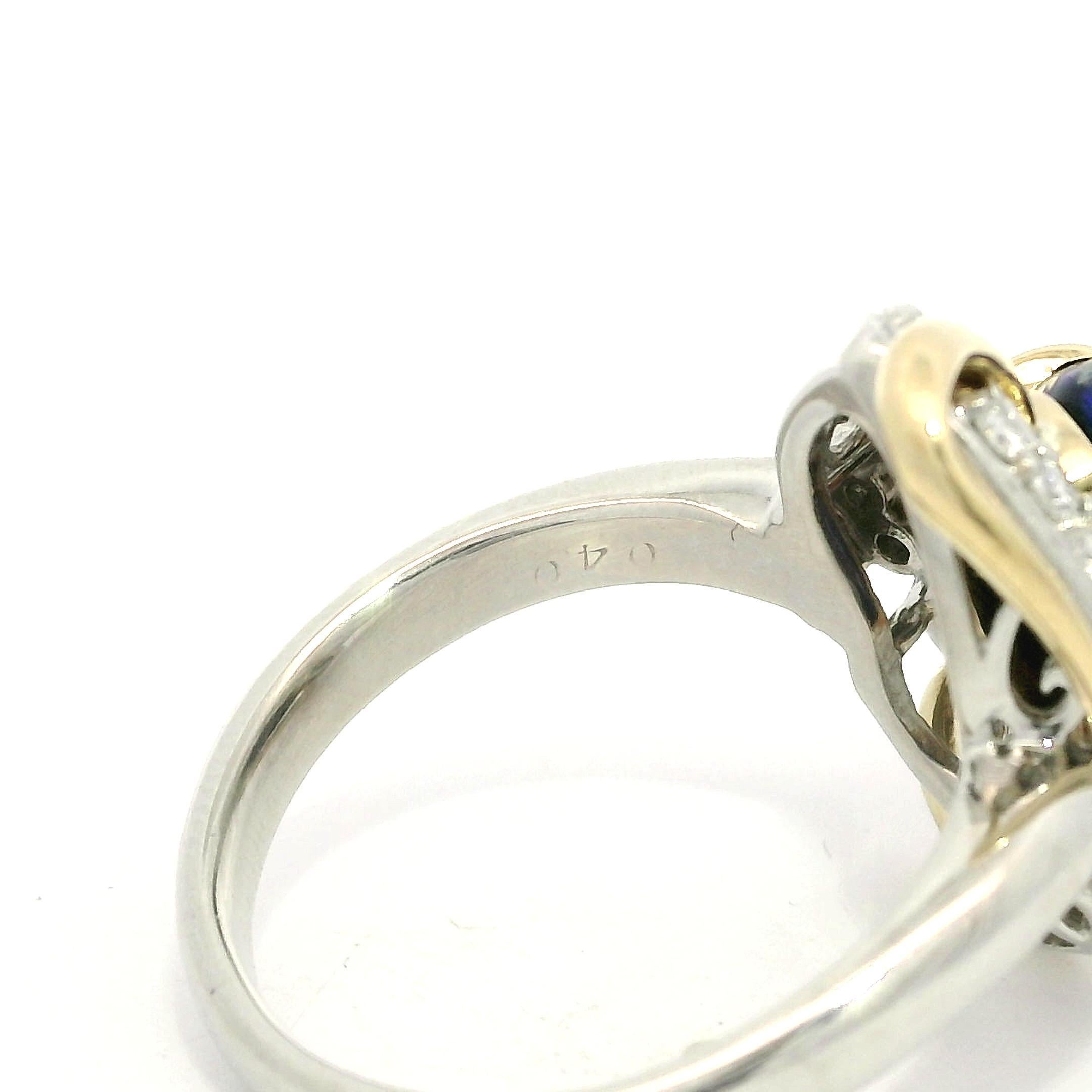 Platinum & 18k Gold Cabochon Black Opal w/ Diamond Open Interlocking Knot Ring For Sale 2