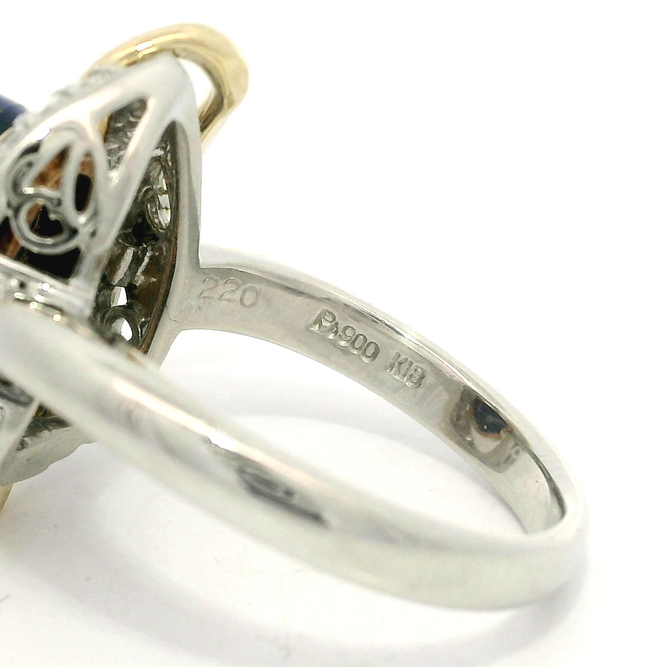 Platinum & 18k Gold Cabochon Black Opal w/ Diamond Open Interlocking Knot Ring For Sale 3