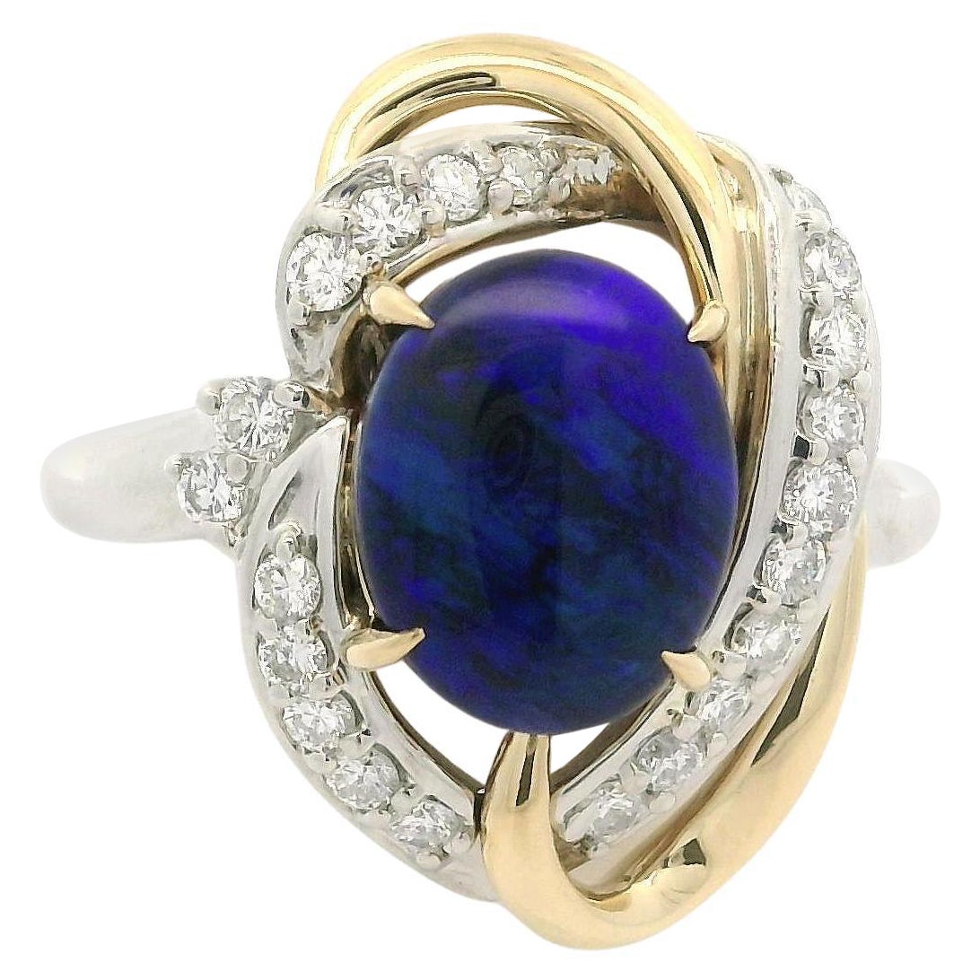 Platinum & 18k Gold Cabochon Black Opal w/ Diamond Open Interlocking Knot Ring For Sale