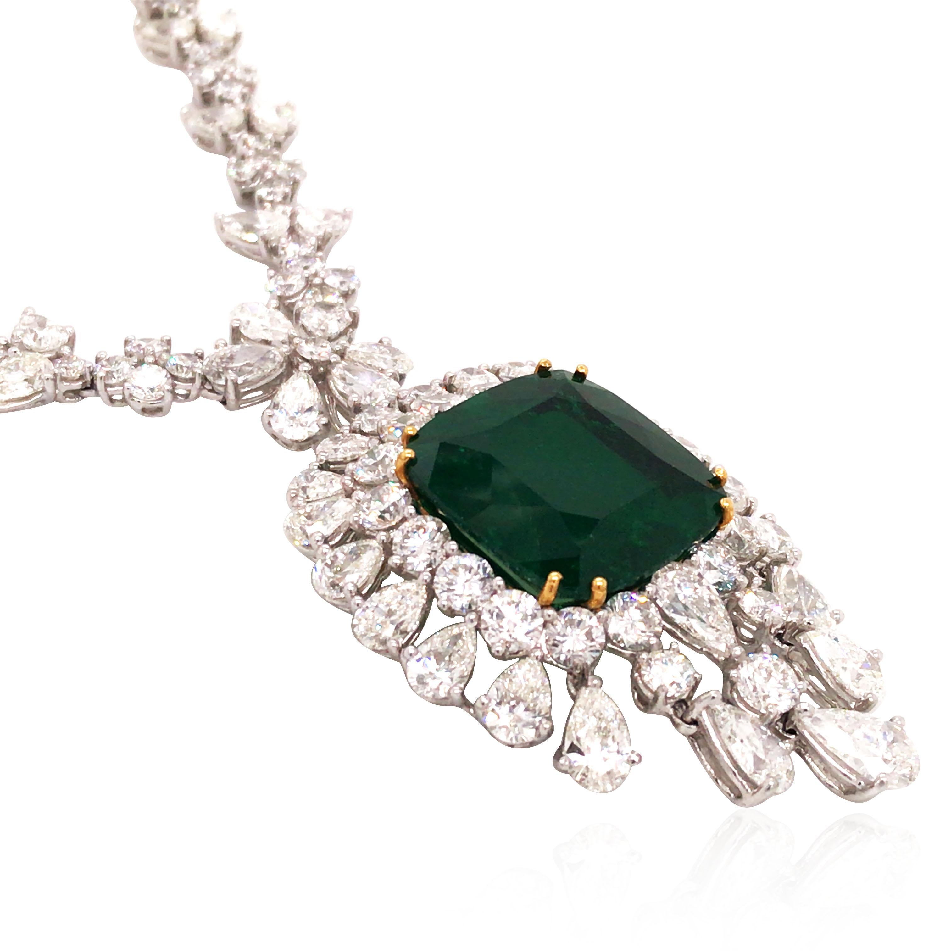 Emerald Cut Platinum 18K Gold Emerald Diamond Necklace, AGL For Sale