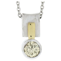 Platinum & 18k Gold Fiery Yellow Diamond Solitaire Brushed Pendant with Chain