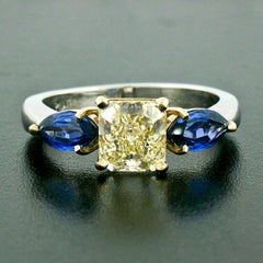 Platinum 18k Gold GIA 1.46ct Fancy Yellow Radiant Diamond Marquise Sapphire Ring