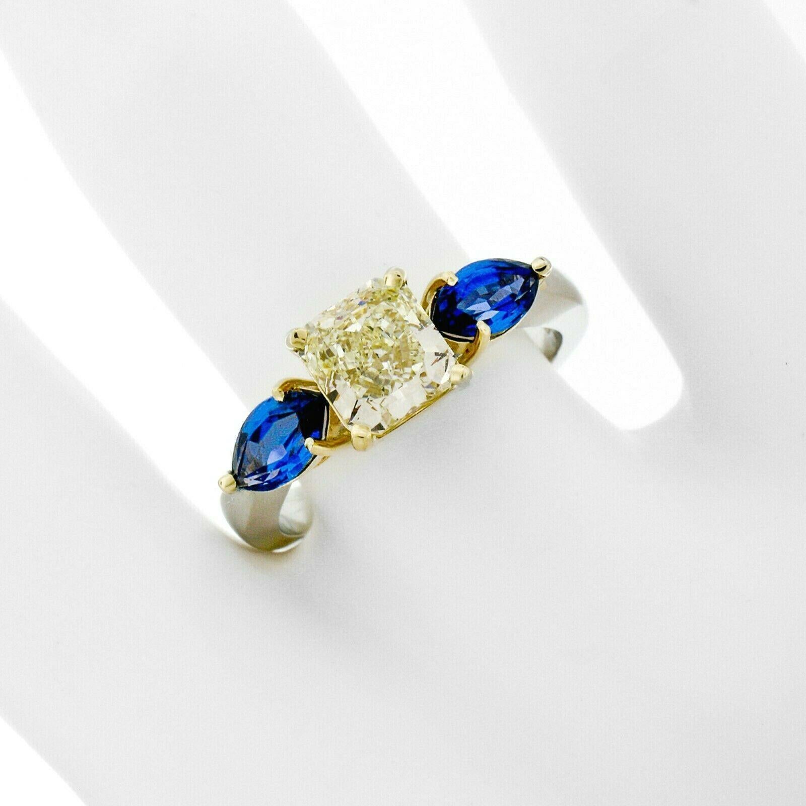 Platin 18k Gold GIA 1,46 Karat Fancy Gelber Strahlender Diamant Marquise Saphir Ring (Radiantschliff) im Angebot
