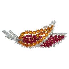 Platinum & 18k Gold GIA 51.68ct Sapphire Ruby Diamond Large Double Leaf Brooch