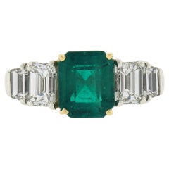 Platinum & 18k Gold GIA Colombian Emerald & Trapezoid Diamond Engagement Ring