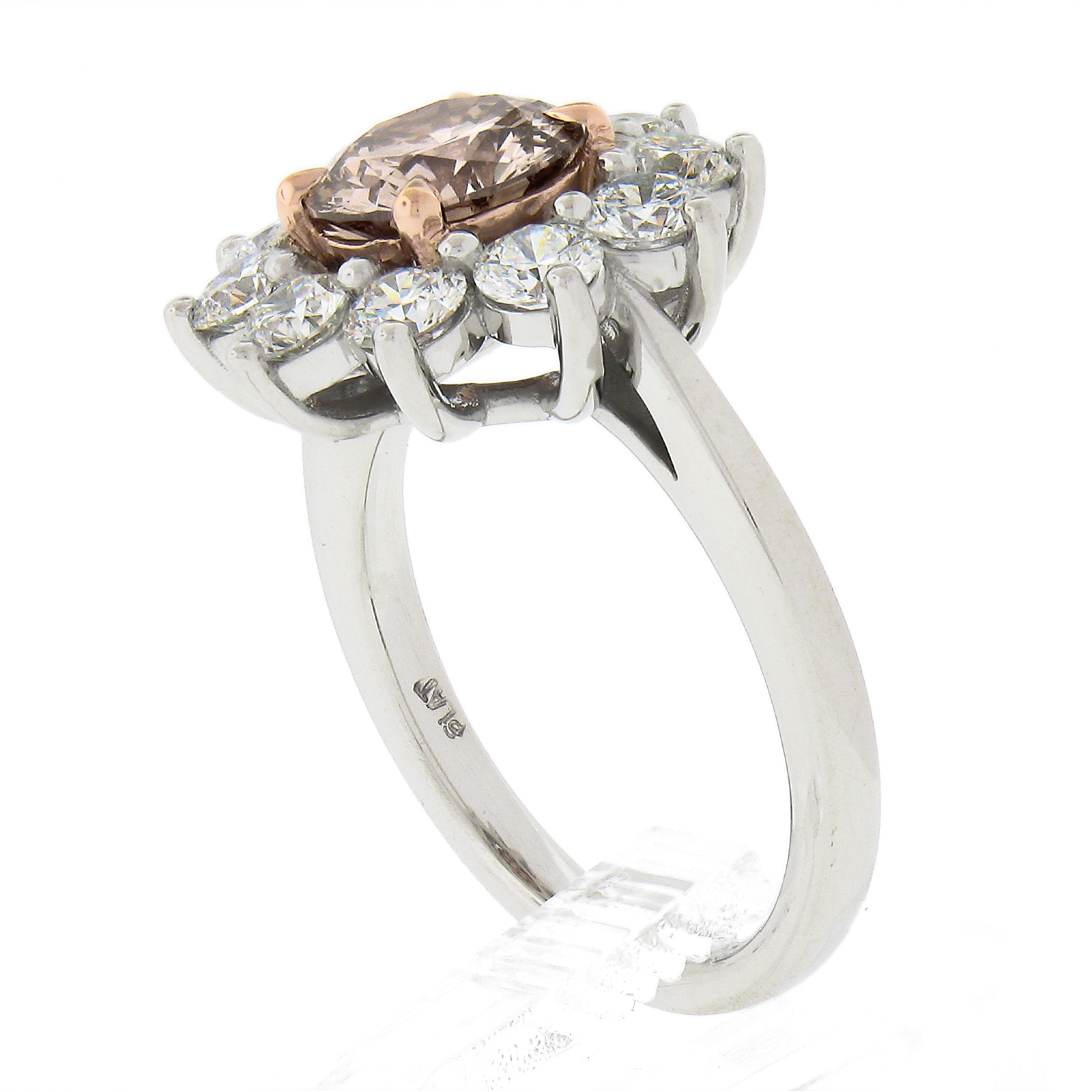Platinum & 18k Gold GIA Fancy Pinkish Brown Diamond Flower Halo Engagement Ring For Sale 5