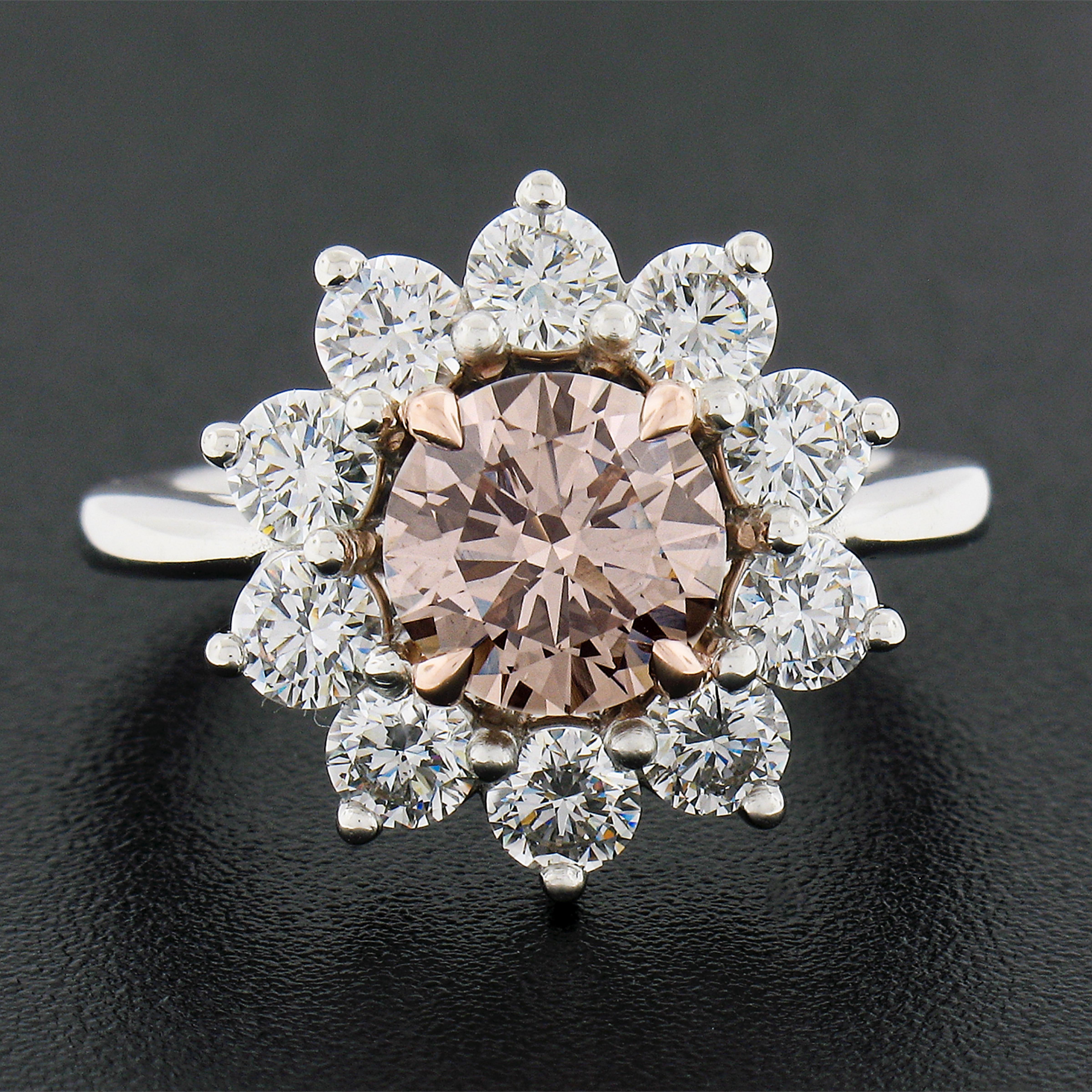 Brilliant Cut Platinum & 18k Gold GIA Fancy Pinkish Brown Diamond Flower Halo Engagement Ring For Sale