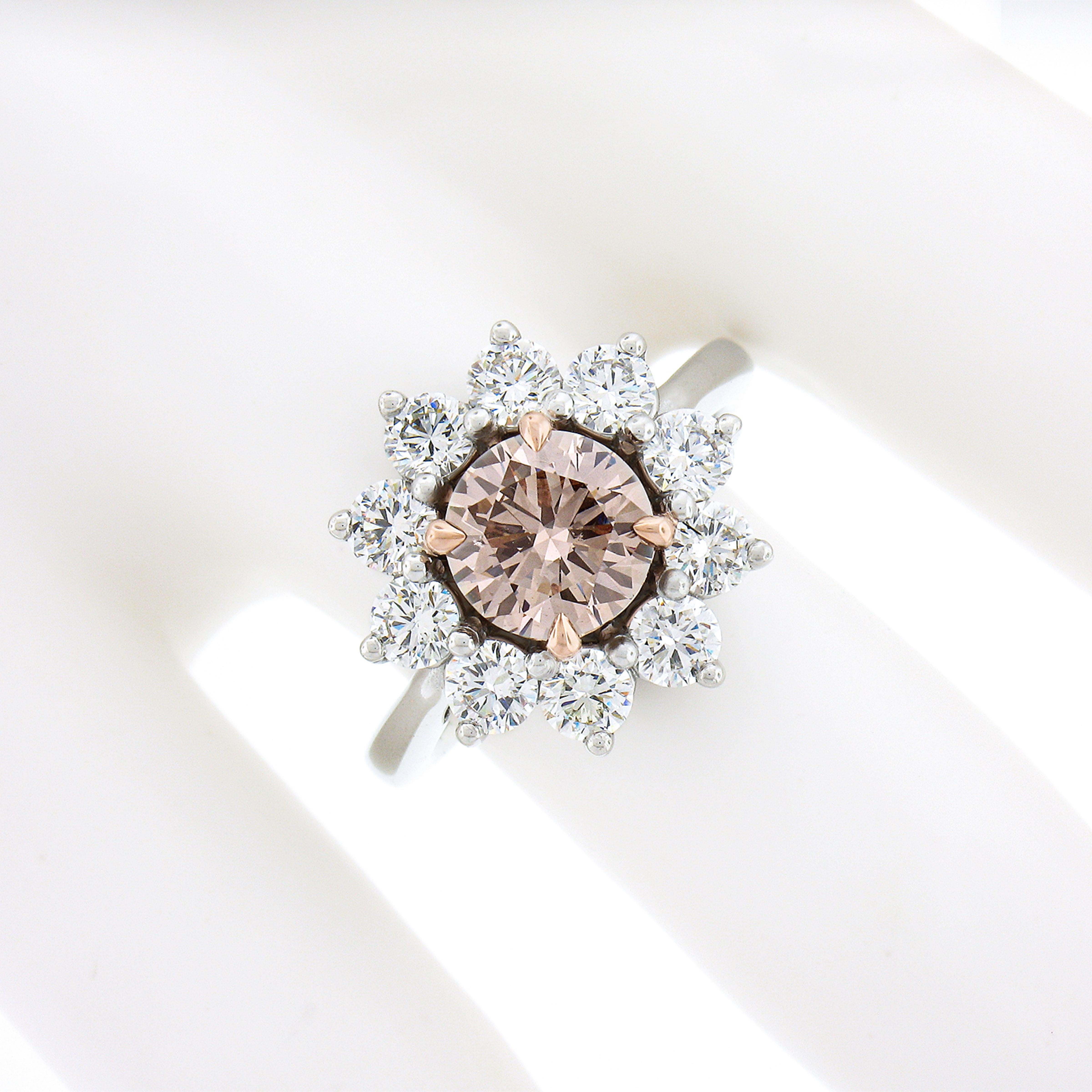Platinum & 18k Gold GIA Fancy Pinkish Brown Diamond Flower Halo Engagement Ring In New Condition For Sale In Montclair, NJ