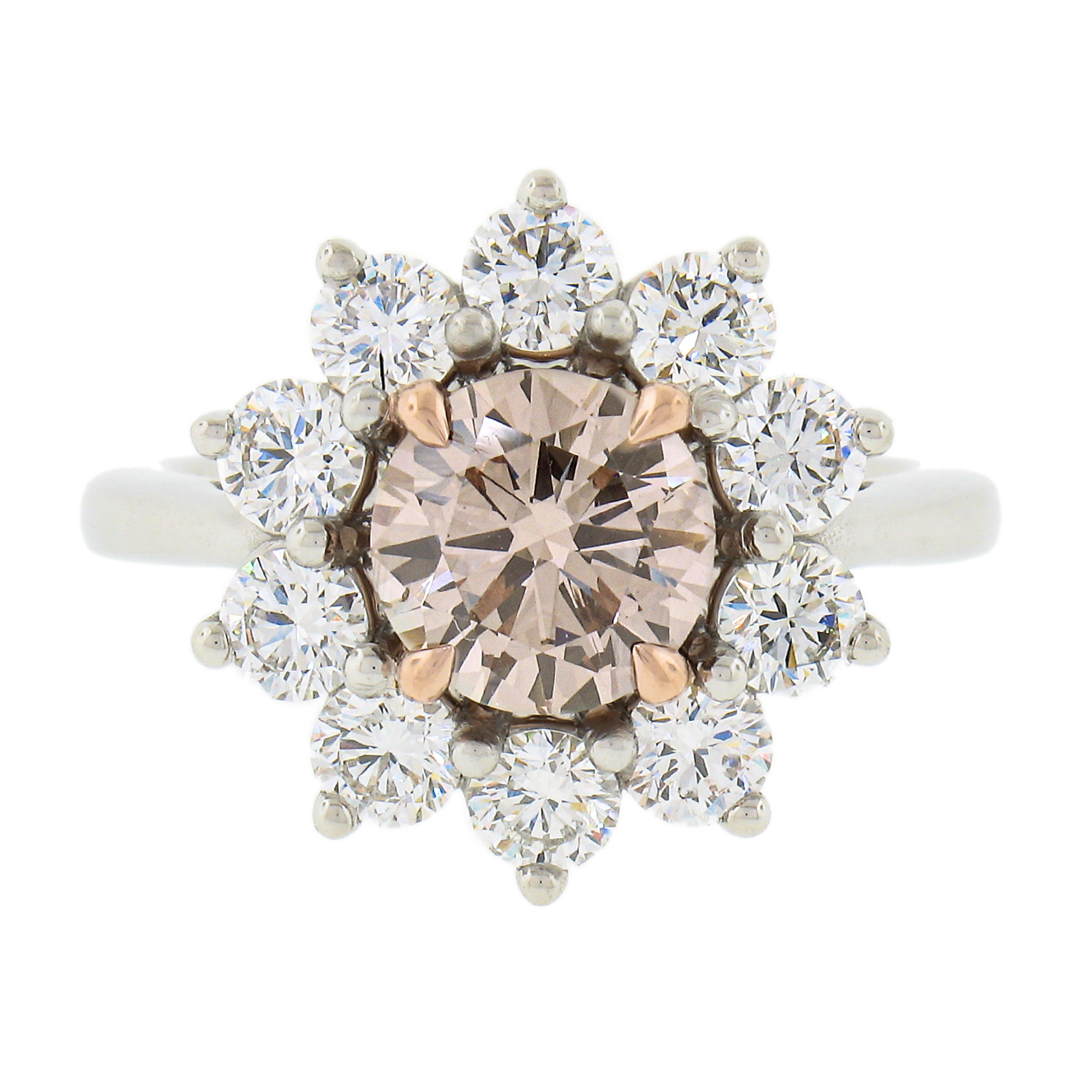 Women's Platinum & 18k Gold GIA Fancy Pinkish Brown Diamond Flower Halo Engagement Ring For Sale