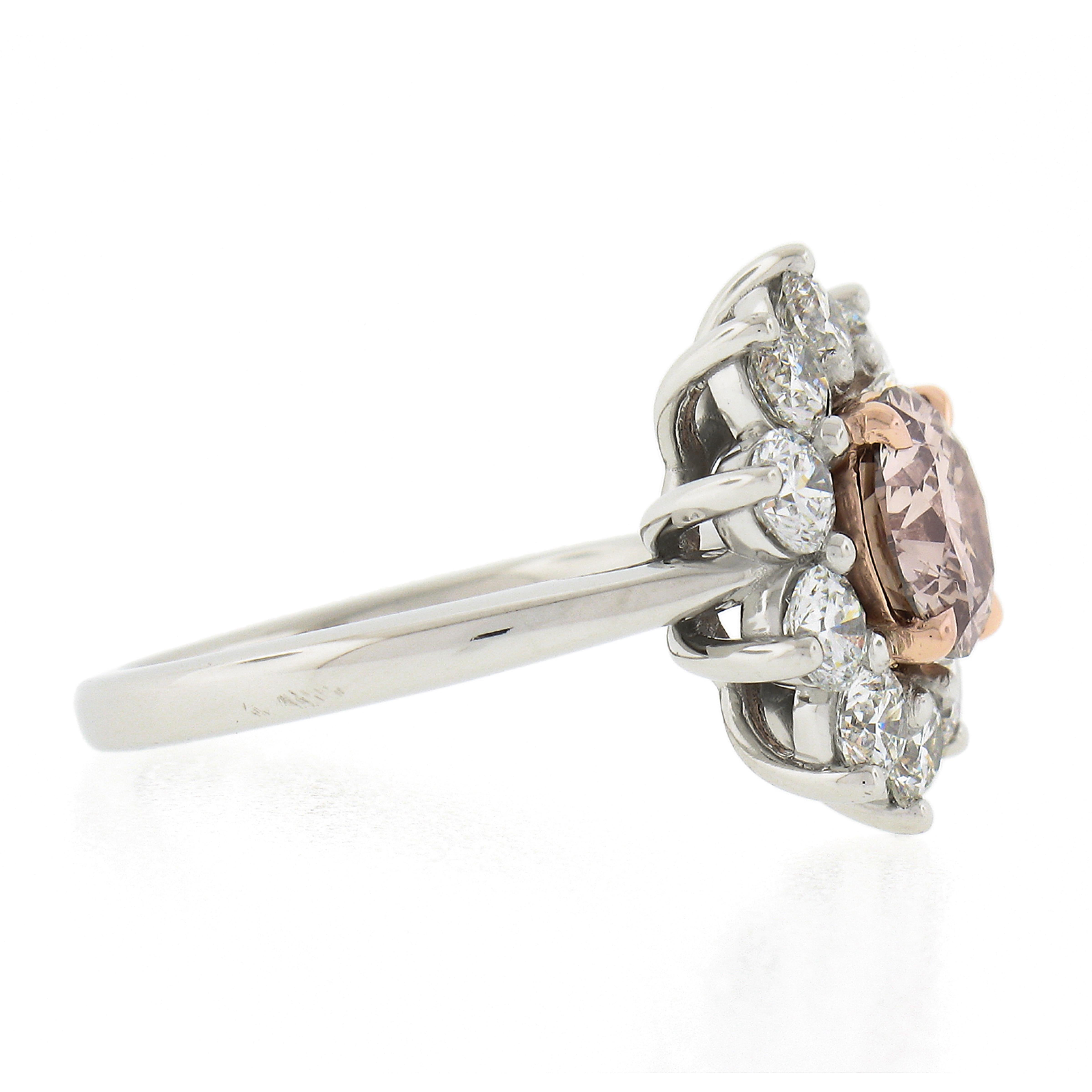 Platinum & 18k Gold GIA Fancy Pinkish Brown Diamond Flower Halo Engagement Ring For Sale 1