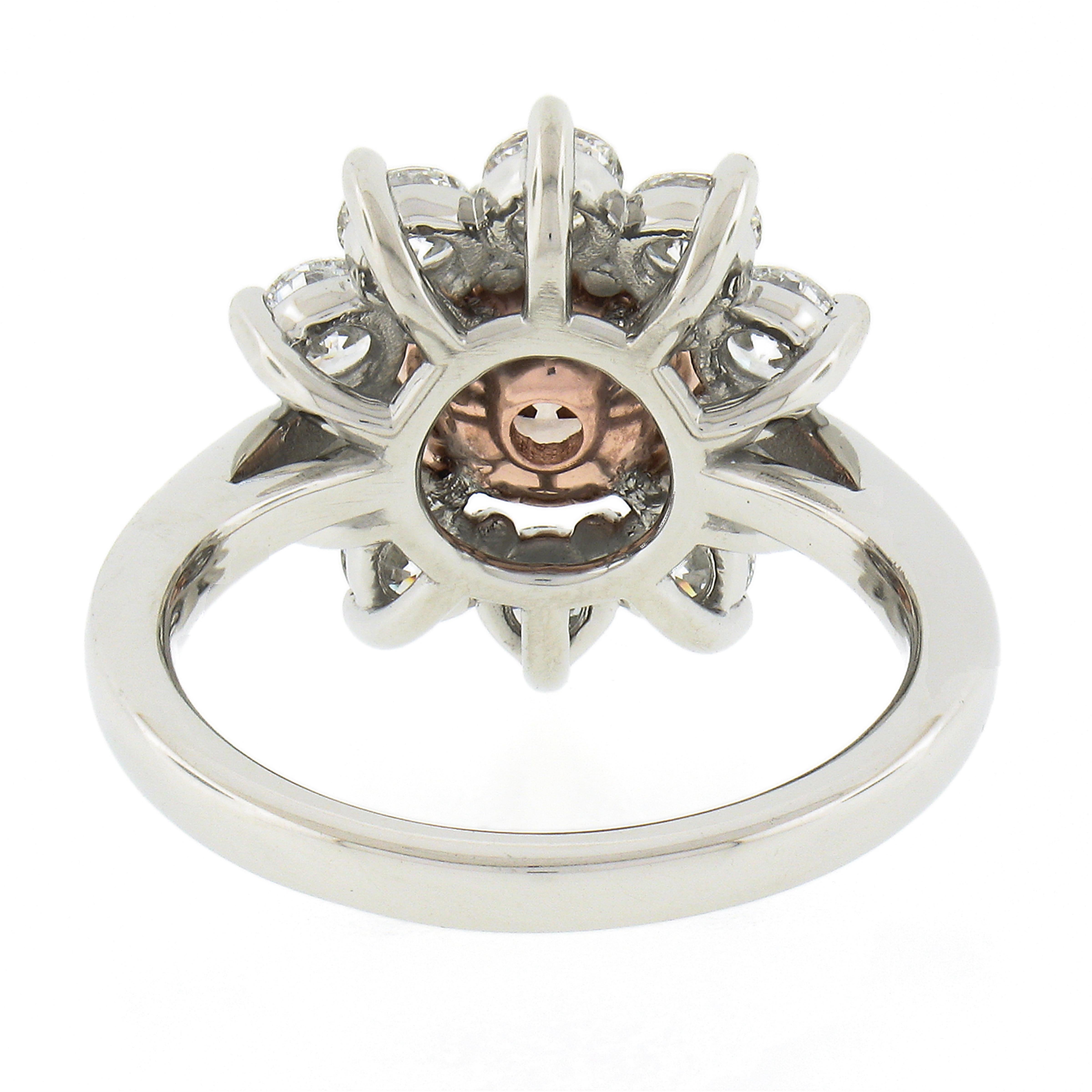 Platinum & 18k Gold GIA Fancy Pinkish Brown Diamond Flower Halo Engagement Ring For Sale 3