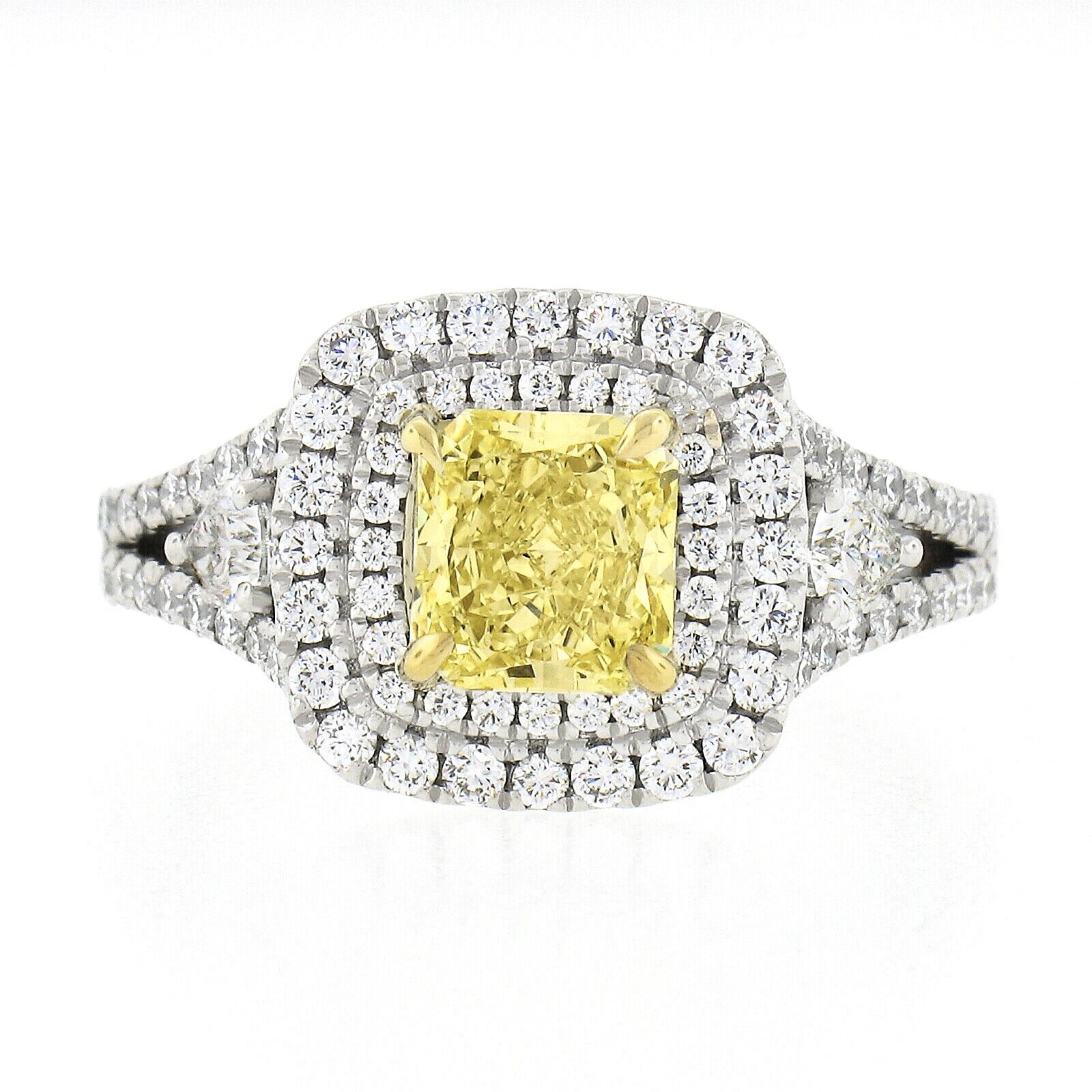 Platinum & 18k Gold GIA Fancy Yellow Radiant Diamond Dual Halo Engagement Ring In New Condition In Montclair, NJ