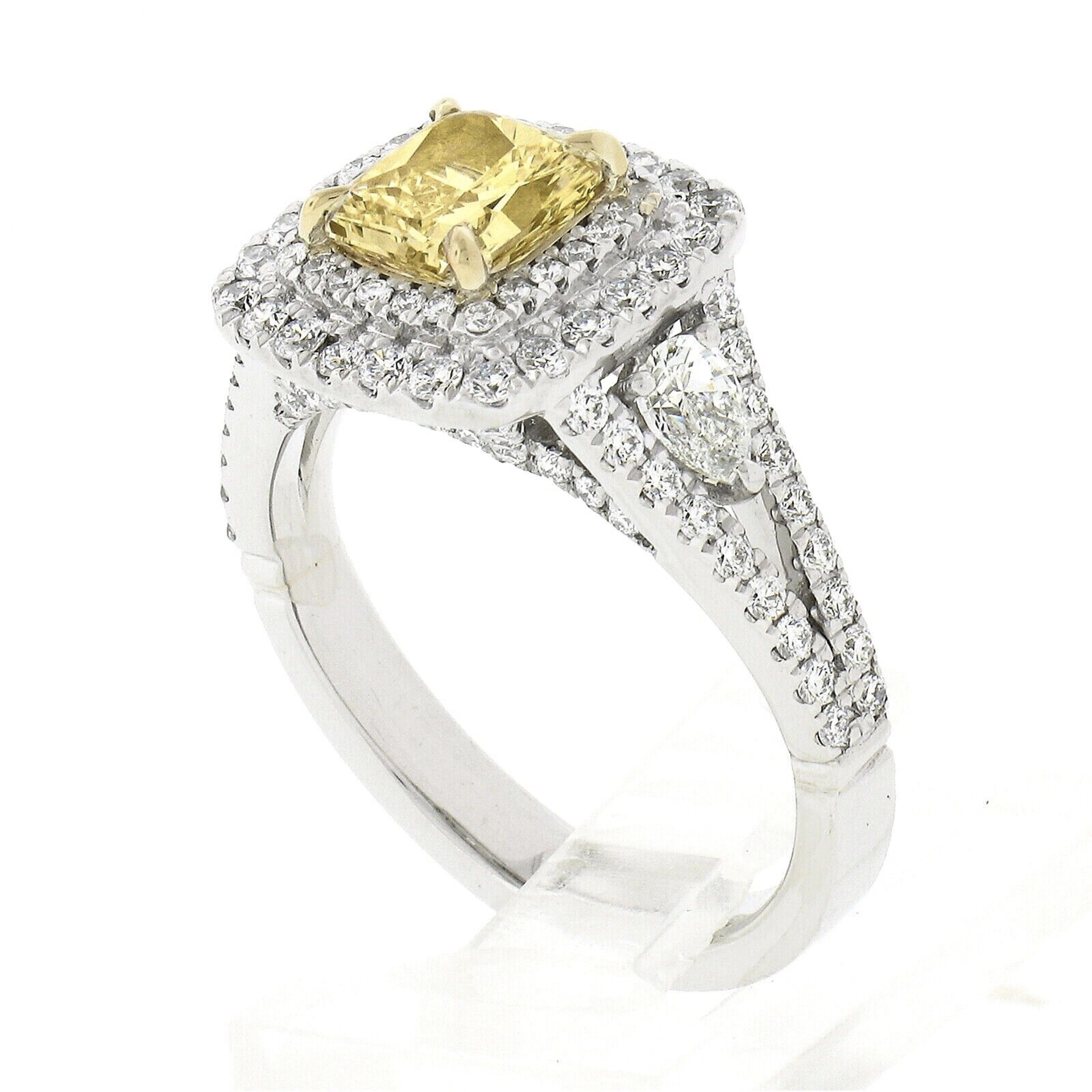 Platinum & 18k Gold GIA Fancy Yellow Radiant Diamond Dual Halo Engagement Ring 3