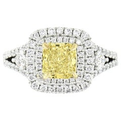 Bague de fiançailles en platine et or 18 carats avec double halo de diamants jaunes de couleur jaune radiant certifiés GIA