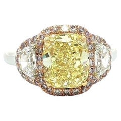 Platinum & 18k Gold GIA Intense Yellow Cushion Pink HalfMoon Diamond Custom Ring