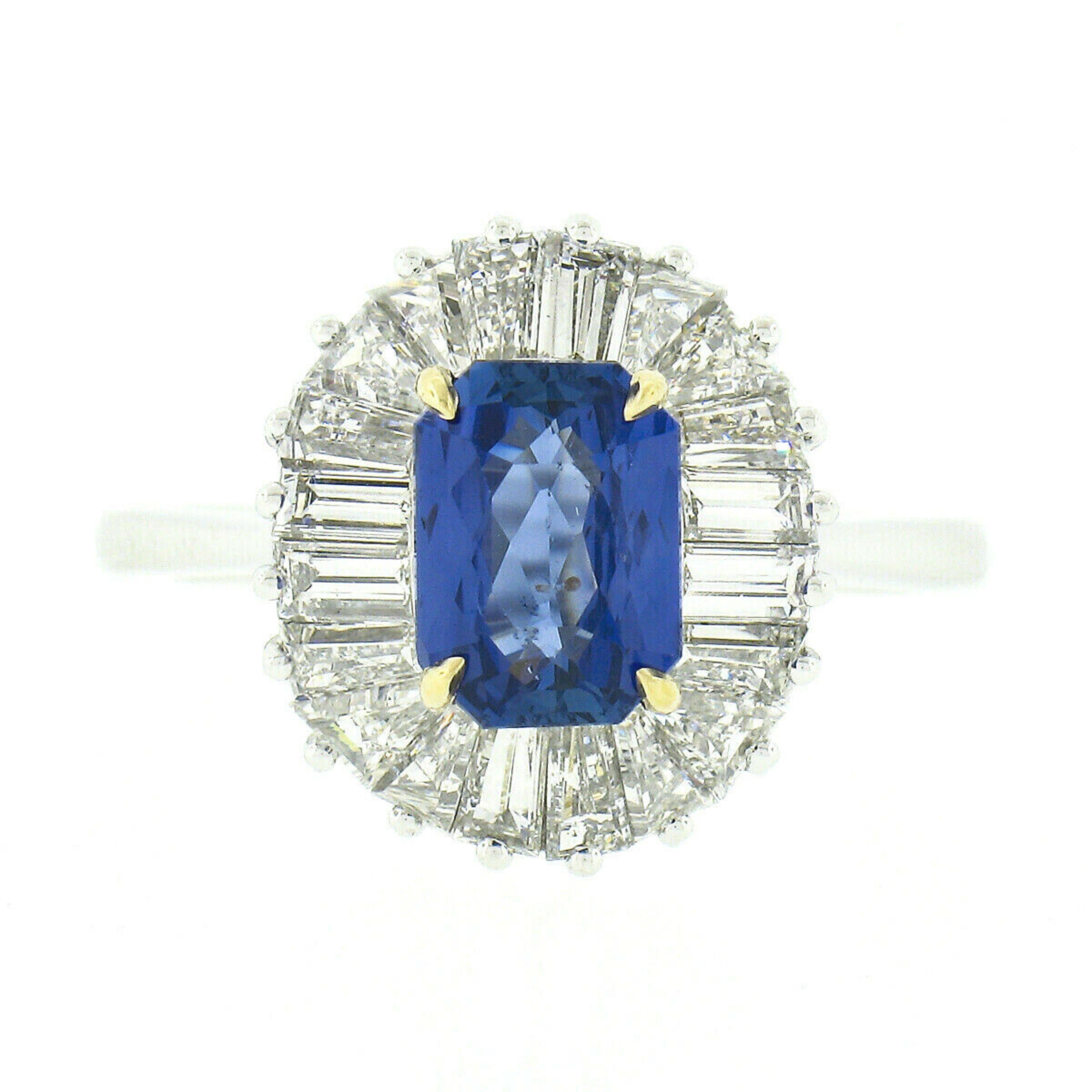 Ottagono Anello Ballerina in platino e oro 18k GIA No Heat con zaffiro di Birmania e diamante Baguette in vendita