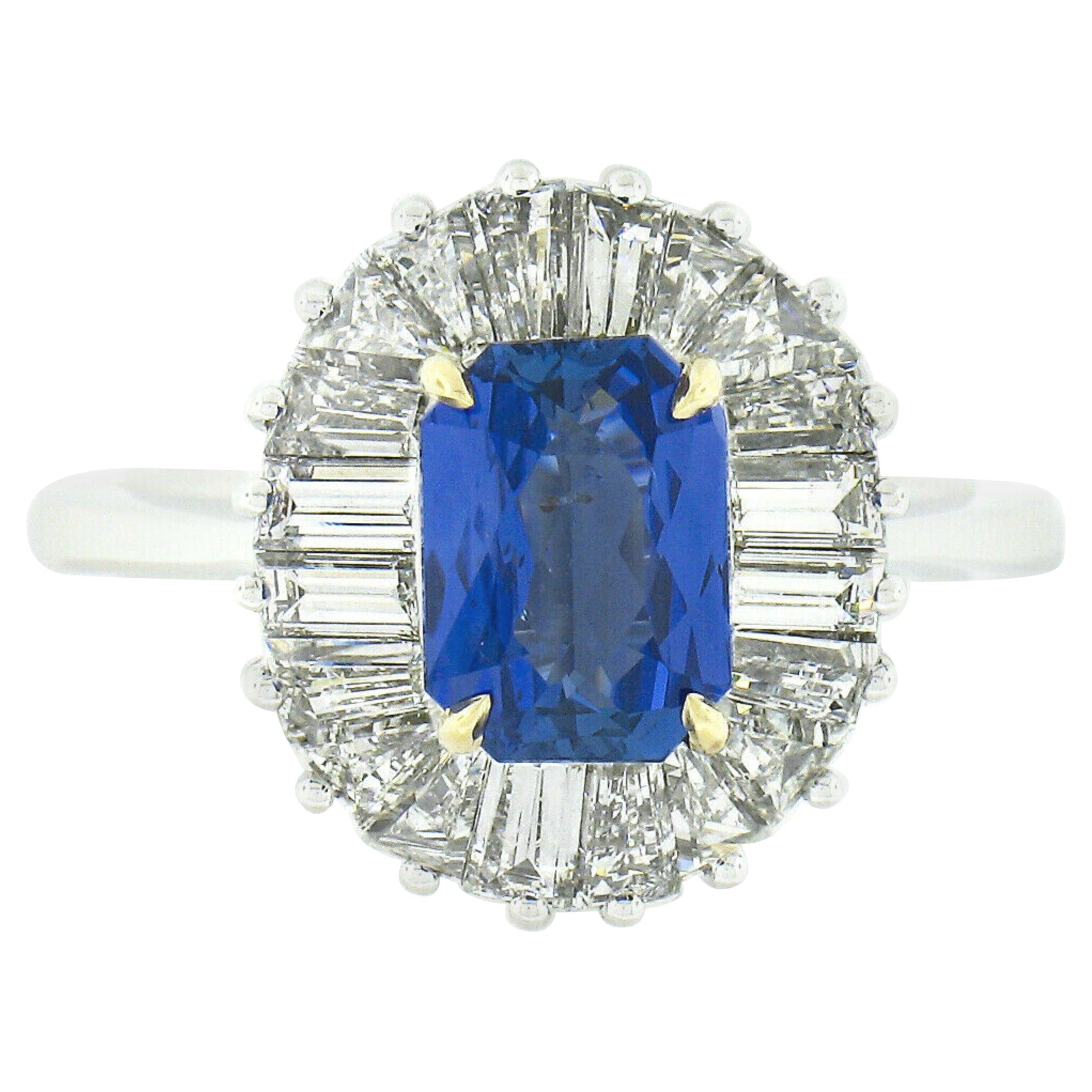 Anello Ballerina in platino e oro 18k GIA No Heat con zaffiro di Birmania e diamante Baguette