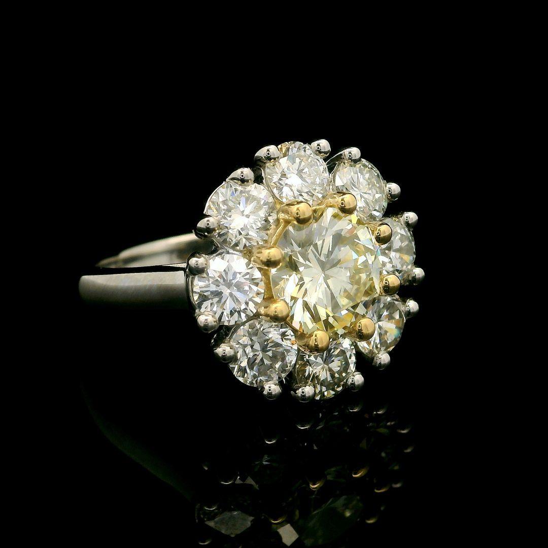 Platinum 18k Gold Gia Yellow Diamond W/ White Diamond Cluster Flower Ring For Sale 6