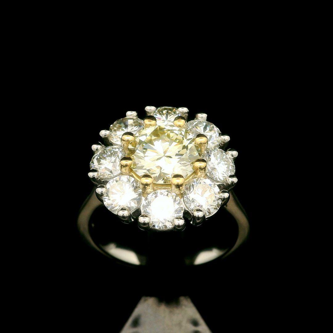 Platinum 18k Gold Gia Yellow Diamond W/ White Diamond Cluster Flower Ring For Sale 8
