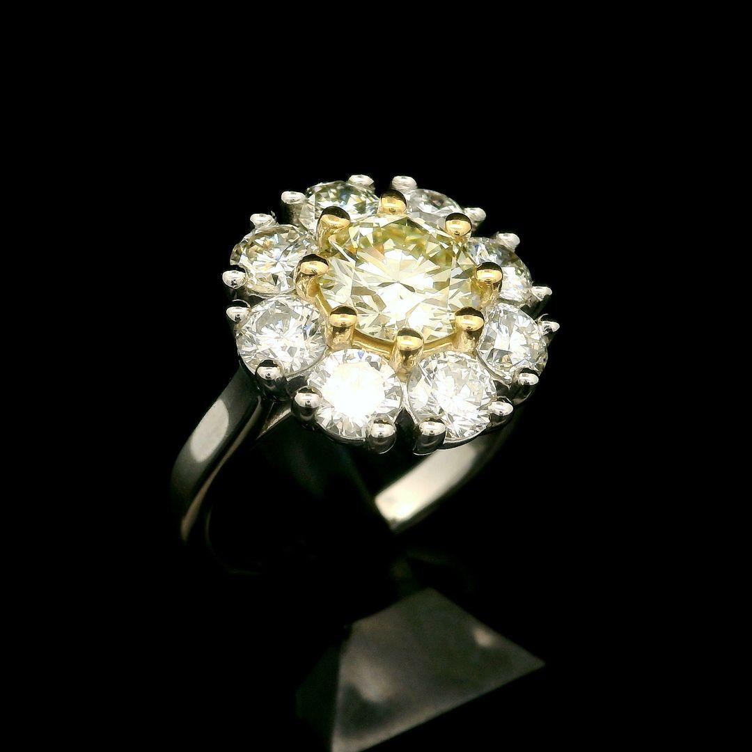 Platinum 18k Gold Gia Yellow Diamond W/ White Diamond Cluster Flower Ring For Sale 9