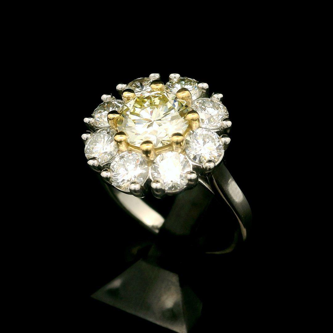 Platinum 18k Gold Gia Yellow Diamond W/ White Diamond Cluster Flower Ring For Sale 10