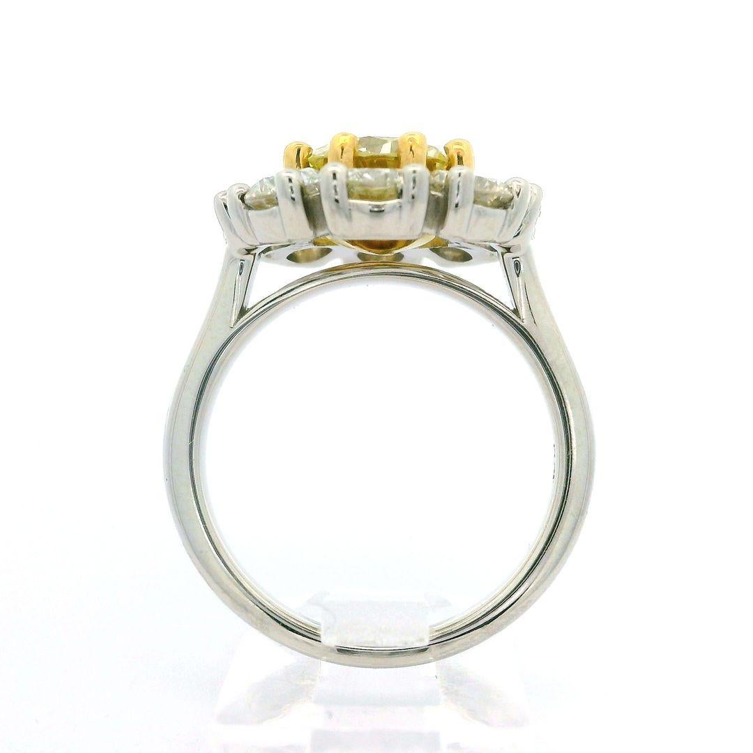 Round Cut Platinum 18k Gold Gia Yellow Diamond W/ White Diamond Cluster Flower Ring For Sale