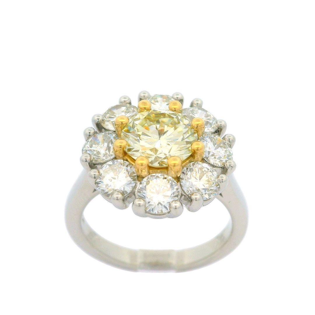 Platinum 18k Gold Gia Yellow Diamond W/ White Diamond Cluster Flower Ring In New Condition For Sale In Montclair, NJ