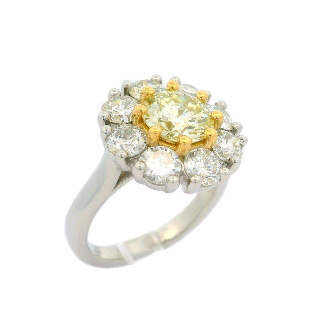 Women's Platinum 18k Gold Gia Yellow Diamond W/ White Diamond Cluster Flower Ring For Sale