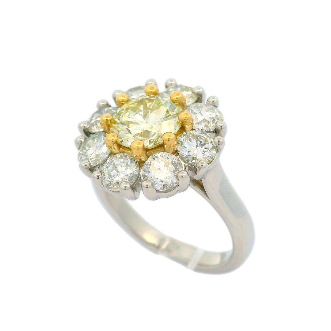 Platinum 18k Gold Gia Yellow Diamond W/ White Diamond Cluster Flower Ring For Sale 1