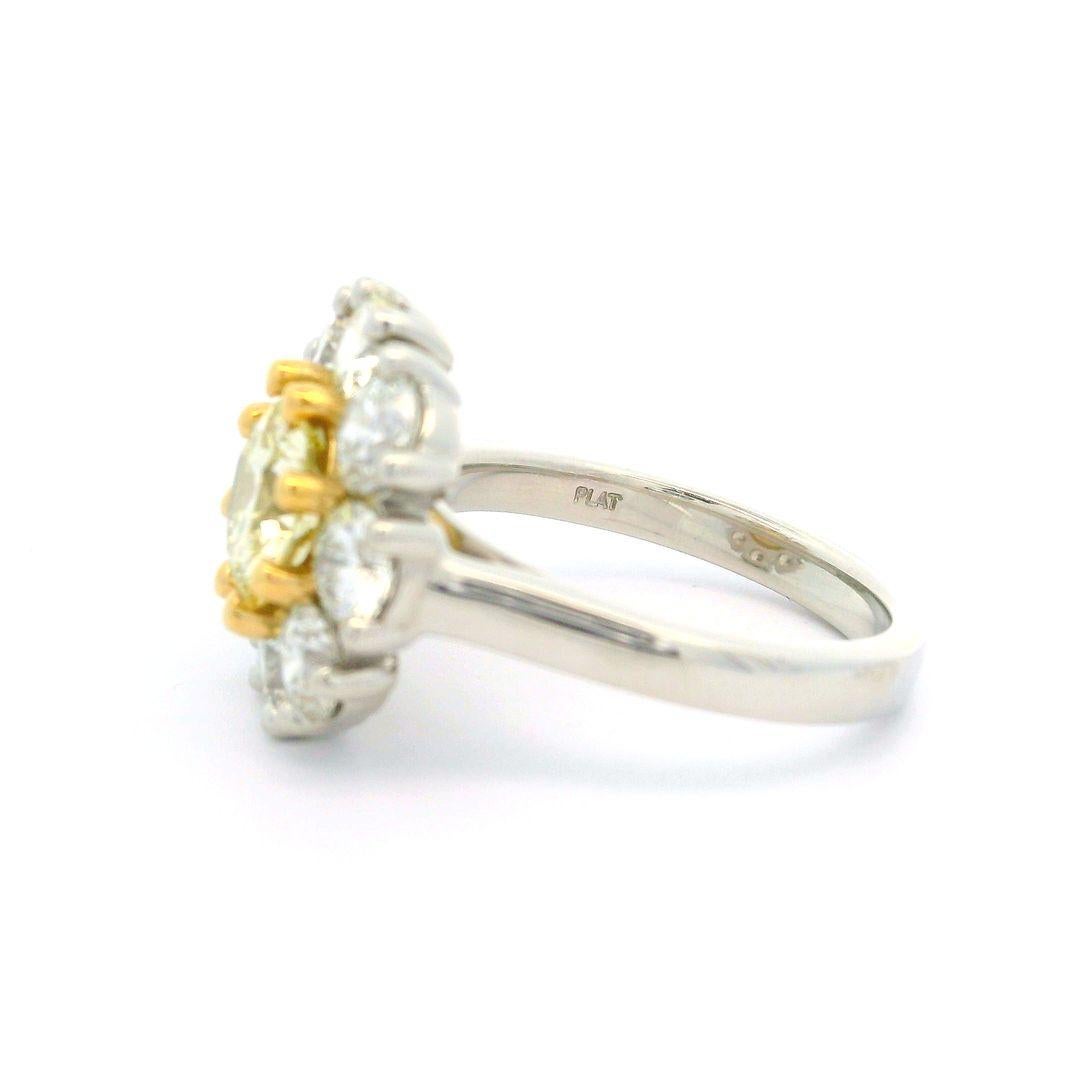 Platinum 18k Gold Gia Yellow Diamond W/ White Diamond Cluster Flower Ring For Sale 2