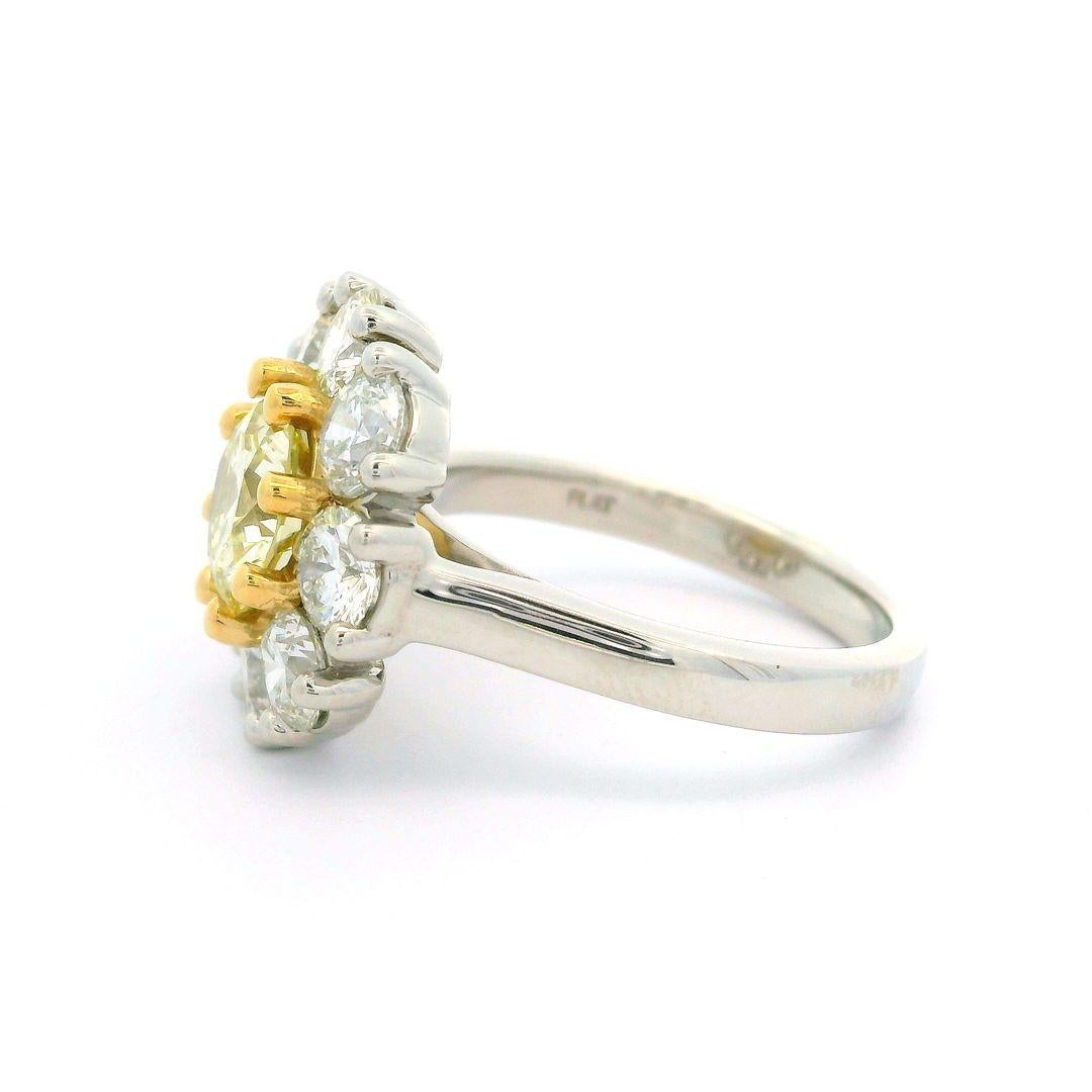 Platinum 18k Gold Gia Yellow Diamond W/ White Diamond Cluster Flower Ring For Sale 3