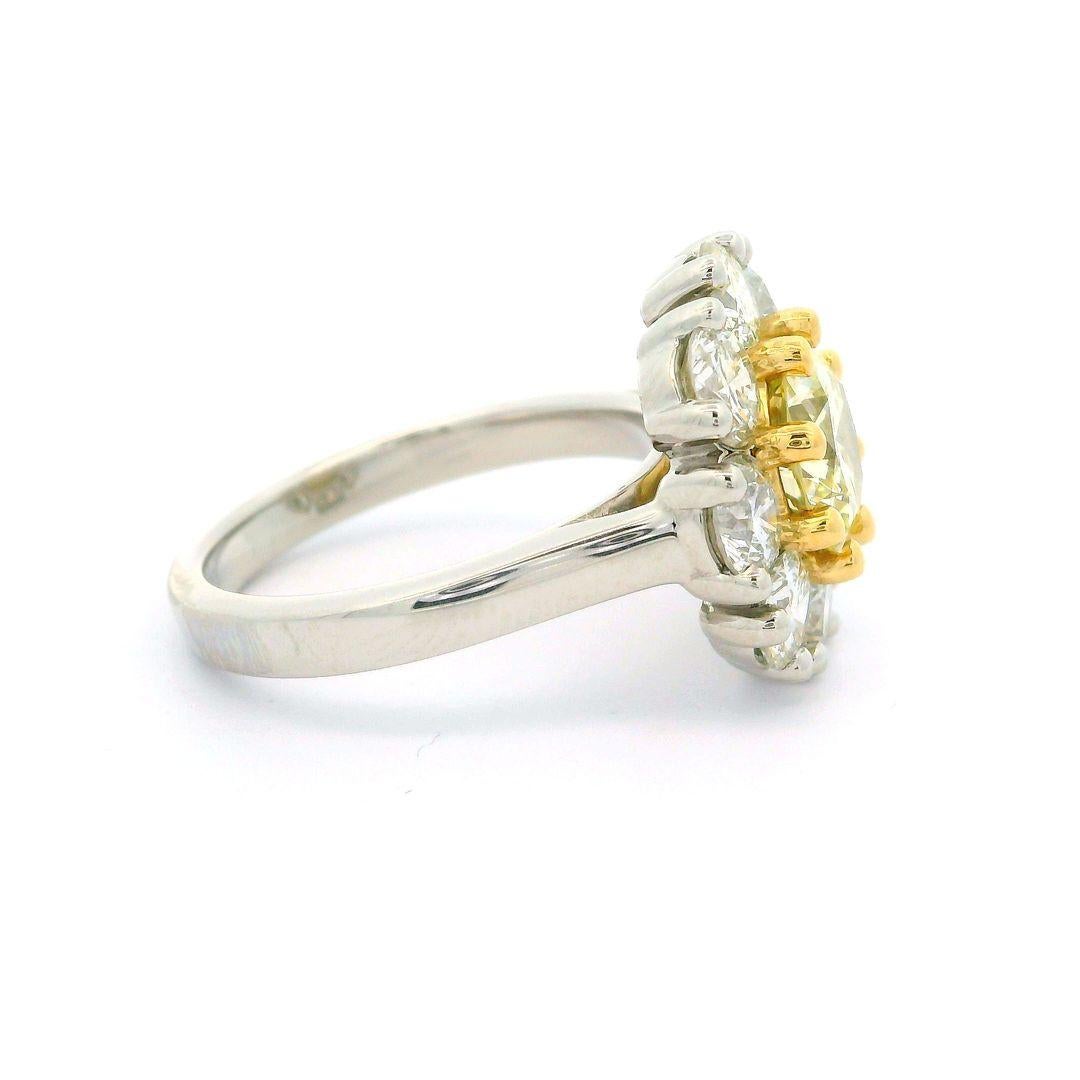 Platinum 18k Gold Gia Yellow Diamond W/ White Diamond Cluster Flower Ring For Sale 4