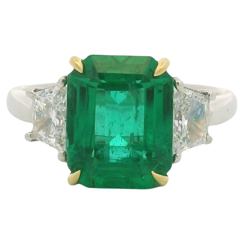 Platinum & 18K Gold Natural Emerald & Trapezoid Cut Diamond Side Stone Ring